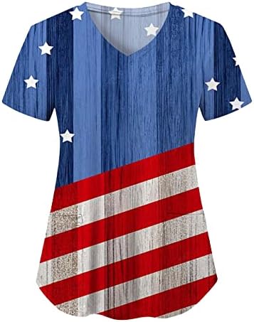 Majica za 4. jul za žene američke zastave ljetne kratke rukave V-izrez majice sa 2 džepa bluze