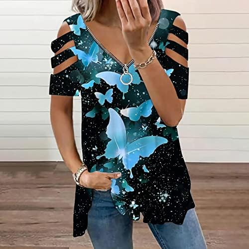 2023 Summer Womens Tops Dressy Casual Hladno Rame Tshirt Tunike Kratki Rukav Zipper V Izrez Leptir Print Bluze