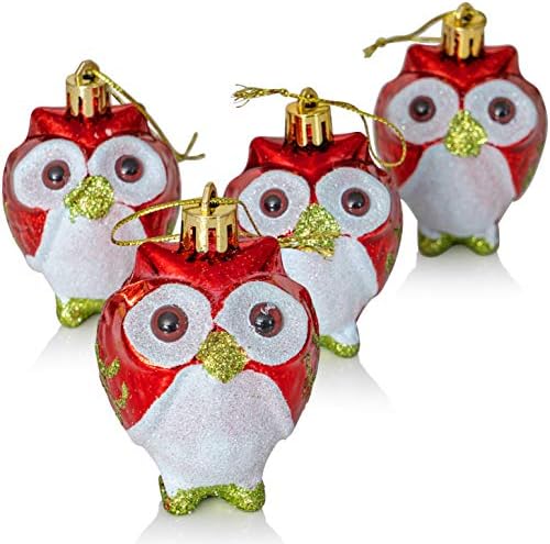 Ornativity Glitter Christmas Owl Ornaments-Snowy Glitter White And Red Animal Owls Christmas
