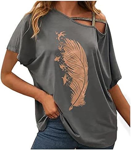 ICJJL majica za žene casual kratkih rukava Ležerne prilike za perje Ispiši vrhunska ramena Seksi labavi pamučni majica