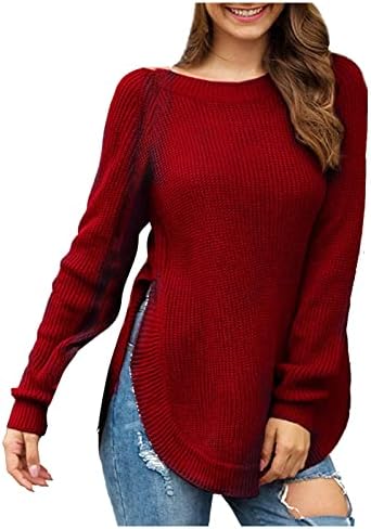 Twwone džemperi za žene Ležerne prilike i nepravilni splitski HEM Crewneck Dugi rukav Slouchy pletene tuc Dukseri pulover vrhove