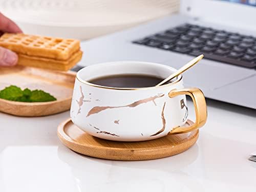 Jusalpha 10 oz Luksuzno Zlatni ručni ispis kafe čajnik sa bambusovim tanjirom Postavite modni mramorni uzorak za žene TCS19