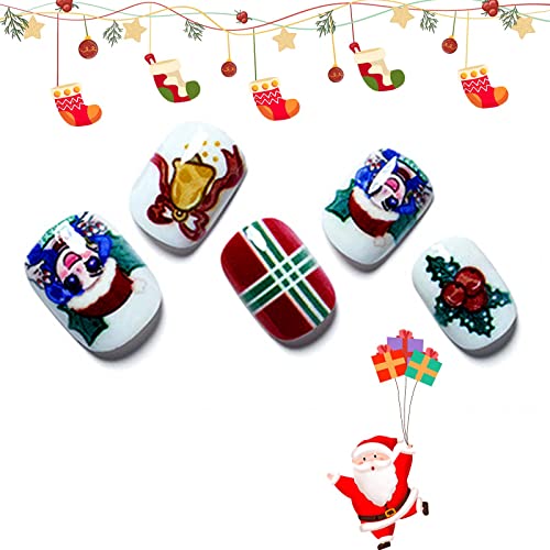 Božić Press na noktima GLAMERMAID sa Božić dizajn, Santa pahuljica, karirani štap ljepilo na noktima Set za žene djevojka Božić Santa poklon, Jingle Bells Gel nokti za svečane odmor Party