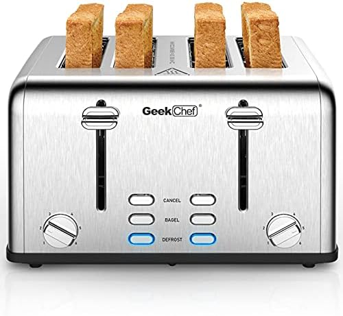 Geek Chef Toster 4 kriška, toster od nehrđajućeg čelika sa izuzetno širokim utorima đevrek, odmrzavanje,