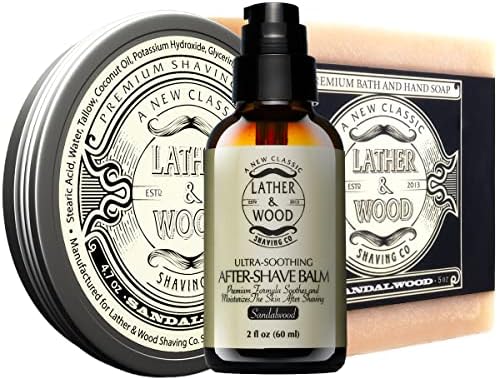Lather & amp; Wood sandalovina sapun za brijanje, Bar sapun, i aftershave balzam za muškarce Combo