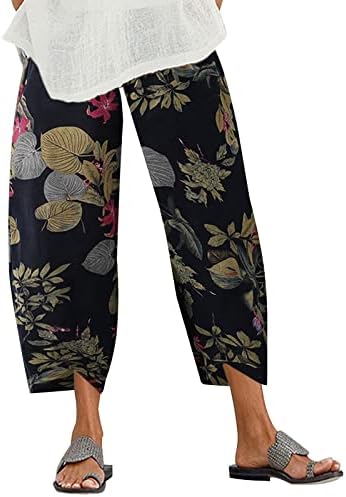 CGGMVCG ženske lanene pantalone za letnje ženske vintage print labave pantalone elastični