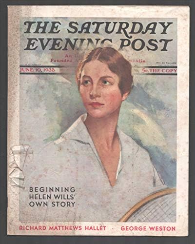 Saturday Evening Post 6 / 10 / 1933-Helen Wills Moody tennis cover-Leopold seyffert-pulp thrills-great art-ads-G