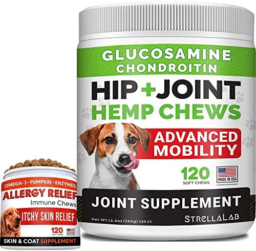 Hemp + glukozamin Joint Supplement + Allergy Relief Treats W/Omega 3 Bundle - Hip & Joint Care + svrab Skin Relief - hondroitin, MSM + Pumpkin + Enzymes + kurkuma-240 Chews-Made in USA