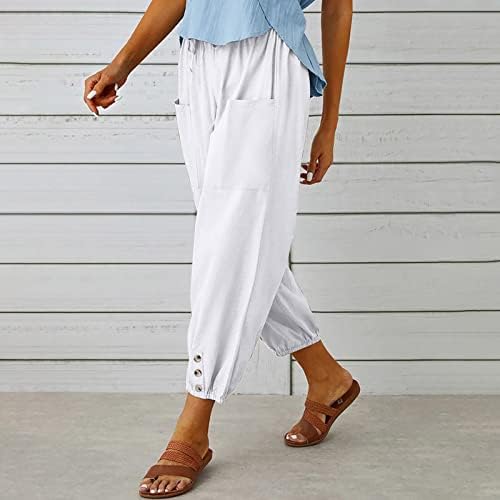 Ženske posteljine obrezane hlače nacrtavanje elastičnih struka široke hlače sa džepovima Ljetne casual obrezane pantalone Capris