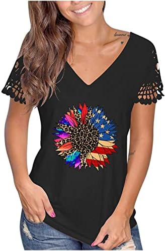 Košulja čipke američke zastave za žene 4. jula Patriotska majica slatki suncokret kratki rukav vrhunska bluza