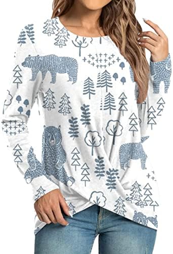 2022 Jesen Zimske ženske ležerne majice dugih rukava tunika prednje twist crew bluza za vrat Božićnje
