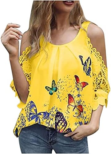 Ženska majica hladnog ramena bluza na pola rukava okrugla vrat leptir tiskanje ljetna meka bluza plus veličina