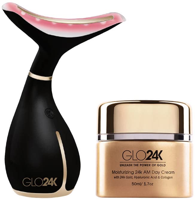 GLO24K vrat & amp; lice LED Beauty masažer + 24k hidratantna dnevna krema. Vrhunski Duo za njegu vrata.