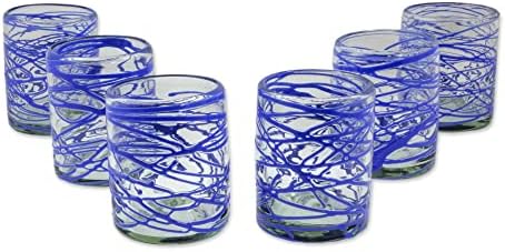 NOVICA Blown Glass Rock Glasses Sapphire Swirl Set od 6 šest plavih 10 oz 3.9 in H X 3.1 in Diam. 10