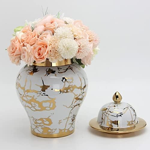 CNPraz zlatne i bijele keramičke tegle za đumbir sa poklopcem za kućni dekor, hram jar cvijet vaza za pohranu JAR Organizer Flowerpot Desktop Dekoracija zaslona za protuteru HOM L