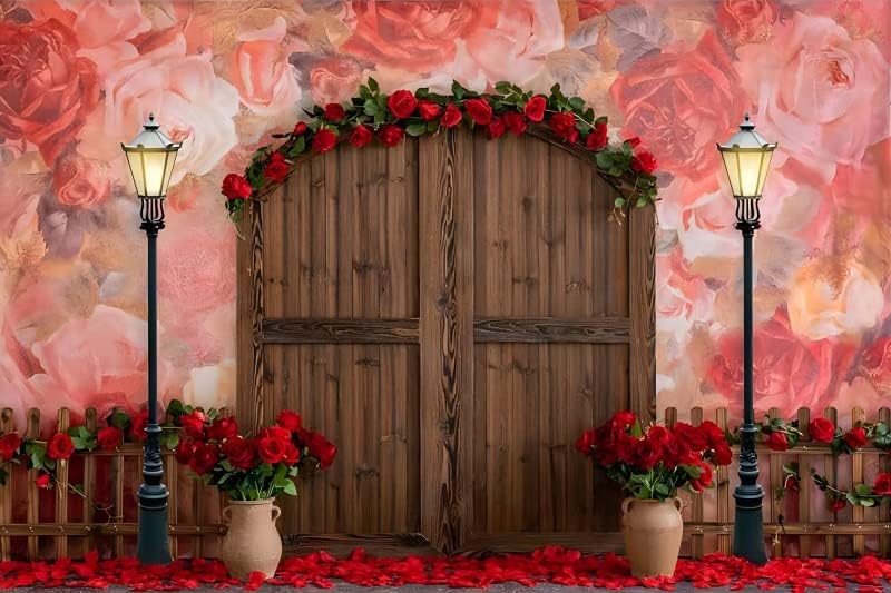 10x8ft Majčin dan pozadine Rustikalna drvena vrata i cvijet crvene ruže ukrasite fotografiju pozadina
