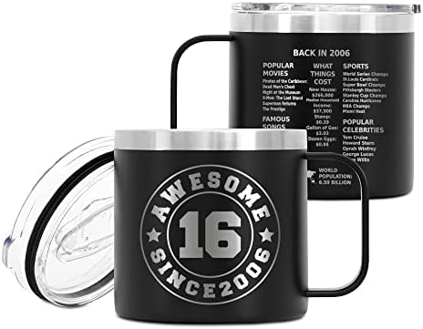 Losear 14 oz šalice za kafu, 16. rođendanski pokloni, šalica od nehrđajućeg čelika sa ručkom - vakuum izolirana kampiranje s poklopcem, za putovanja, kampiranje, ured, vanjski - crni A05