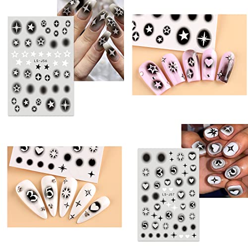 Baoximong 8 listova Star Nail Art naljepnice naljepnice crne bijele naljepnice za nokte 3D samoljepljive