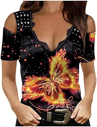 Ženski bluze i vrhovi casual grafički ispisuje labavi V izrez hladnog ramena kratki rukav fit t majice Tuntic