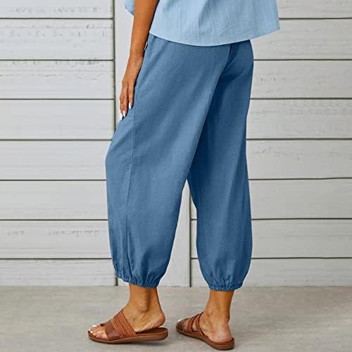 Vickyleb Žene Ljeto Visoke posteljine za hlače sa širokim nogama Dugačke pantalone s džepom Plus size Ženske