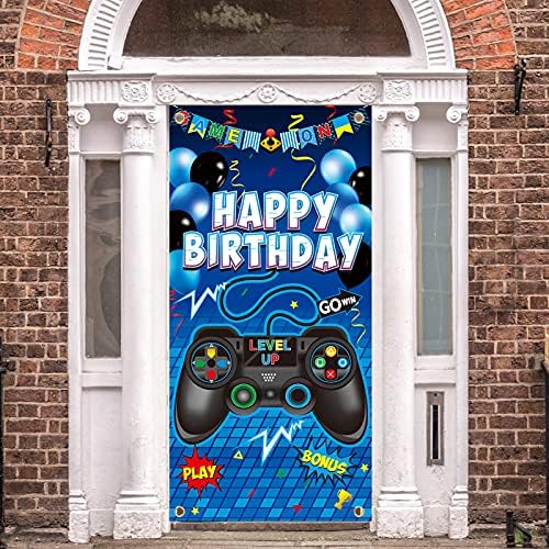 Video igra Happy Birthday Party Supplies Video Gaming vrata Banner-plava Gamer soba vrata pozadine dekor za dječaka-kontroler igra tematske rođendan poklopac vrata ukras