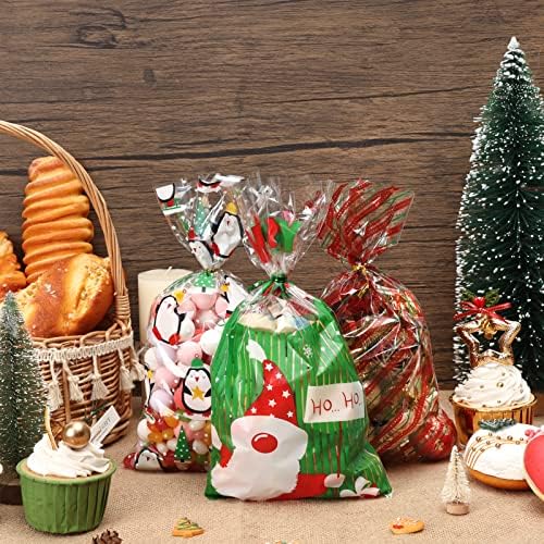 Moretoes 168pcs Božić Candy torbe poslastica torbe celofan torbe sa 180pcs Twist kravate 8 različitih stilova poslastica sob & Božić Ball uzorak Snack goodie torbe za Božić potrepštine