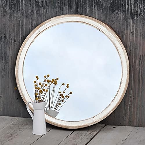 Reflinto rustikalno okruglo ogledalo 24, viseće zidno ukrasno ogledalo uznemireni prirodni drveni okvir