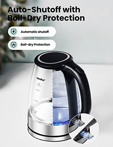 Comfee 'Staklo Električni čajnik čajnik i bojler tople vode, 1,7l, bežični sa LED indikatorom, brza prokuha, 1500W, automatsko isključivanje i kuhanje zaštite