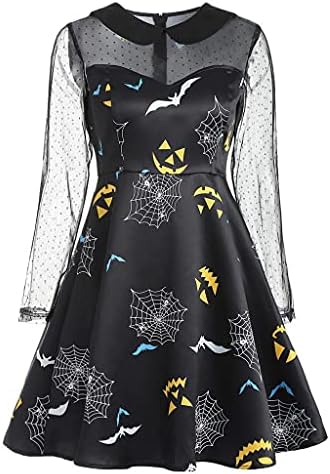 GATXVG Halloween haljina za žene Mesh Patchwork dugi rukavi Swing haljine Bat Spider Web Print haljina Retro