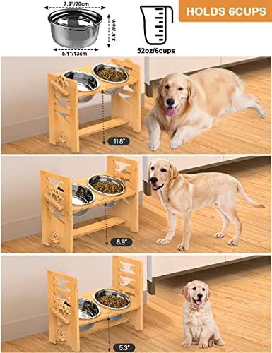 Vantic uzdignute zdjele za pse-podesive podignute zdjele za pse za velike i X-velike pse, izdržljivo postolje za zdjelu za pseću hranu od bambusa sa 2 posude od nerđajućeg čelika i neklizajućim nogama