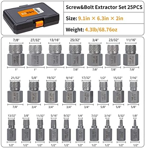 REBRA 25-komada Screw Extractor Set, easy out Set Extractor Set, Hex Head Multi-Spline za uklanjanje ogoljen, zaobljen, oštećen, slomljen, Screw & amp; komplet za uklanjanje vijaka