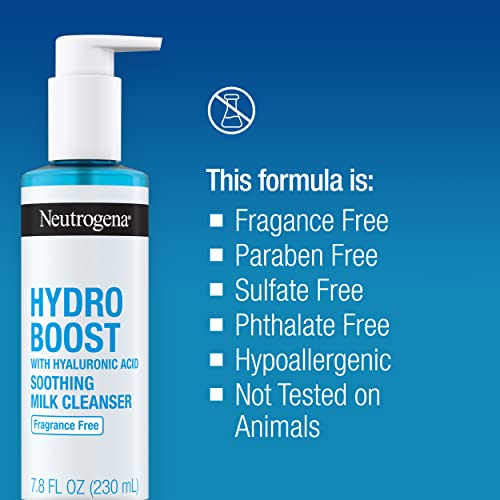 Neutrogena Hydro Boost umirujuće mlijeko za čišćenje lica sa hijaluronskom kiselinom, hidratantno sredstvo za pranje lica lagano podiže prljavštinu & ulje ostavlja meku umirujuću kožu, hipoalergeno, bez mirisa, 7.8 Fl. Oz