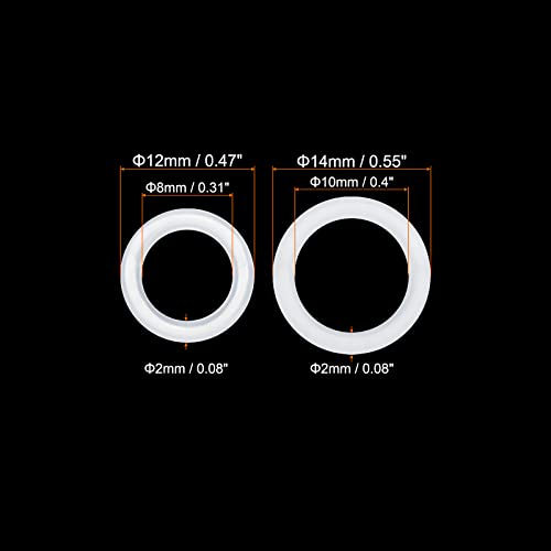 MekCanixity silikonska guma O-prstenovi 12mm 14mm od 8mm 10 mm ID 2 mm debele brtve za brtvu, bijeli 60in1 set