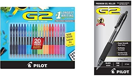 PILOT Pen G2 razne Premium olovke sa Gel mastilom, uvlačenje i ponovno punjenje, Fine Point, 0.7 mm, 20 olovaka za brojanje & G2 Premium refillable & uvlačive Rolling Ball Gel olovke, Fine Point, crno mastilo, 12 Count