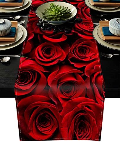 Stoni trkač Neklizajući pravougaonik prekriven delikatnim crvenim ružama štampani uzorak za trpezariju, kuhinju, dnevni boravak, dekor stola na otvorenom,za odmor i zabavu 13 * 70 in