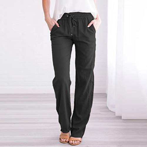 Keepfit Casual ravne pantalone za žene sa vezicama čvrste duge pantalone sa džepnim platnenim pamučnim elastičnim pantalonama za struk