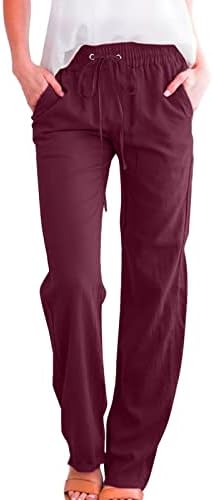 Pamučne lanene pantalone za žene Ležerne letnje pantalone sa džepovima vrećaste vezice čiste rastezljive udobne pantalone na plaži visokog struka