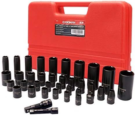 CASOMAN 3/8-inčni i 1/2-inčni pogon Impact Socket Set, SAE /Metrički , Cr-V, 6-Point, duboko& plitak, 3/8-inčni - 1-1/4-inč, 8 mm - 24 mm Set od 38 komada