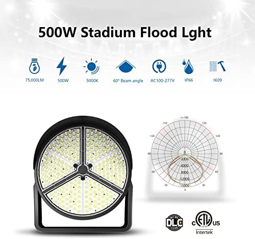 SOKPLY 500W LED stadion svjetlo na otvorenom sa 60 ° ugao snopa 100-277Volt 0-10V zatamnjen 75000lum, IP65 10kV prenaponski lampica za visoke jarbol sportske ballpack ETL DLC naveden