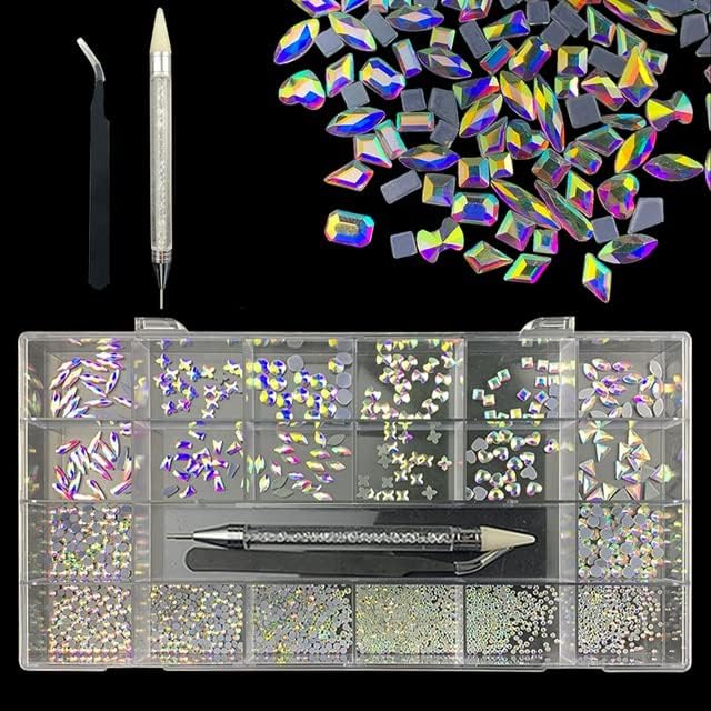 2740kom Luxury Glass Diamond Crystal Nail Art Rhinestones Kit Flatback Multi oblik dekoracije za nokte Set 1kom Pick Up Pen 21 kutija -