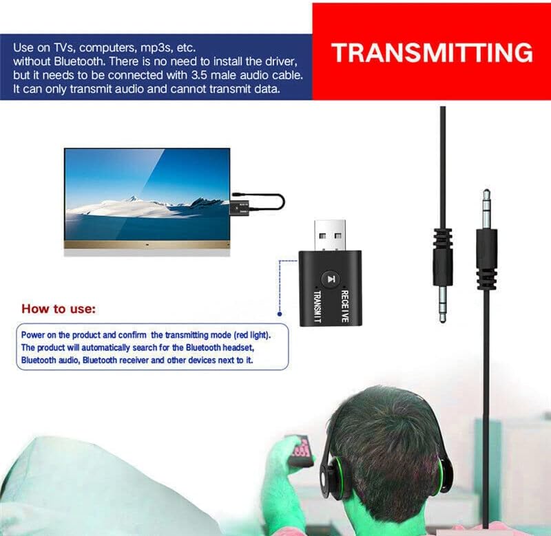 MOOKEENONE 1 * TR6 Bluetooth 5.0 prijemnik predajnik, Mini USB Bluetooth predajnik prijemnik 3.5 mm AUX audio Adapter Dongle za PC TV