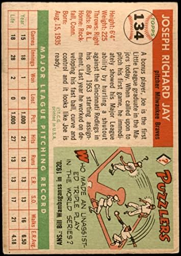 1955 TOPPS 134 Joey Jay Milwaukee Braves VG + Hrabre
