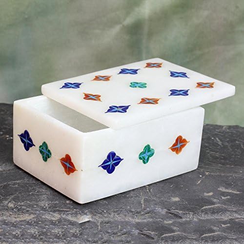 NOVICA Mermerna umetnuta kutija za nakit Zvezdana Bašta ručno rađena Indijska sa kamenim umetkom 2in V X 4.1 u Š x 3in D bele kutije