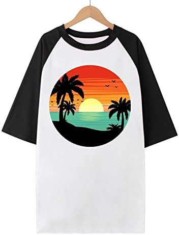 Plus veličine za žene Raglan Color blok kratki rukav Crewneck Beach Sunset Ispiši labavu fit bluzu