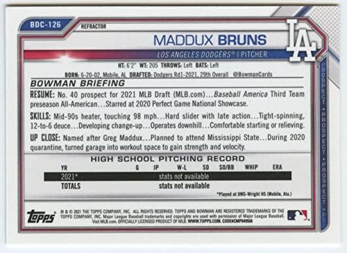 2021 Hrome nacrt bowman BDC-126 Maddux Bruns RC Rookie Los Angeles Dodgers MLB bejzbol trgovačka