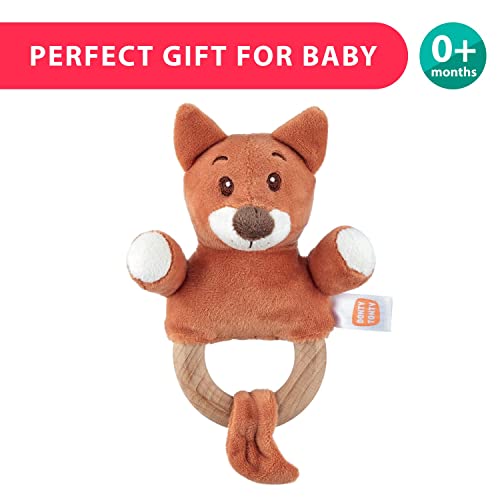 DOBY-TONTY PREMIUM Drvo za bebe TETHER BATLEY TOY - Životinje Mekana plišana shaker igračka s prirodnim drvenim zupčanim prstenom, novorođenče, djevojka, pokloni za 0 3 6 9 12 mjeseci - crvena lisica