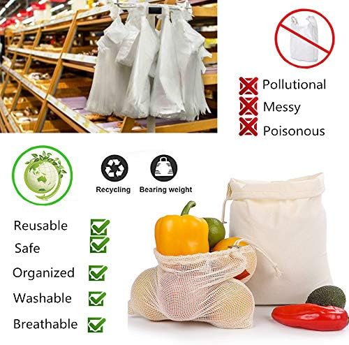 Torbe za višekratnu upotrebu Set od 7 ekološki prihvatljivih vrećica za povrće od organske pamučne mreže Keep Fresh Grocery shopping torba za vezice