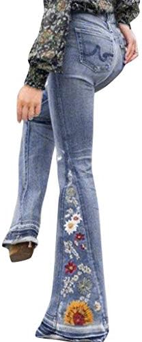 Bljedene traperice za žene cvjetne vezene rastezanje zvona dno pantalone hlače široke pantalone traper