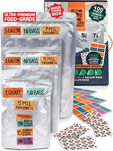 Multi-Size Bundle Mylar torbe za skladištenje hrane | uključuje Apsorbere kiseonika, nalepnice, & amp; kutija za skladištenje / 3-slojni kontejner za sef za hranu-Srebrna