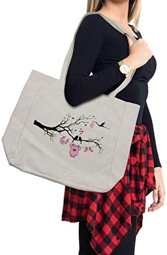 Ambesonne Gender Reveal torba za kupovinu, dizajn djevojke sa pticama na grani srca Ljubav, ekološka torba za višekratnu upotrebu za namirnice plaža i još mnogo toga, 15.5 X 14.5, Pink Lime Black